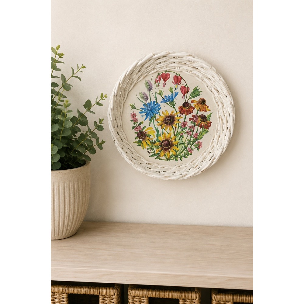 Vintage Ricolor Germany Floral Wicker Tray 1960s Cottagecore Wall Decor MCM